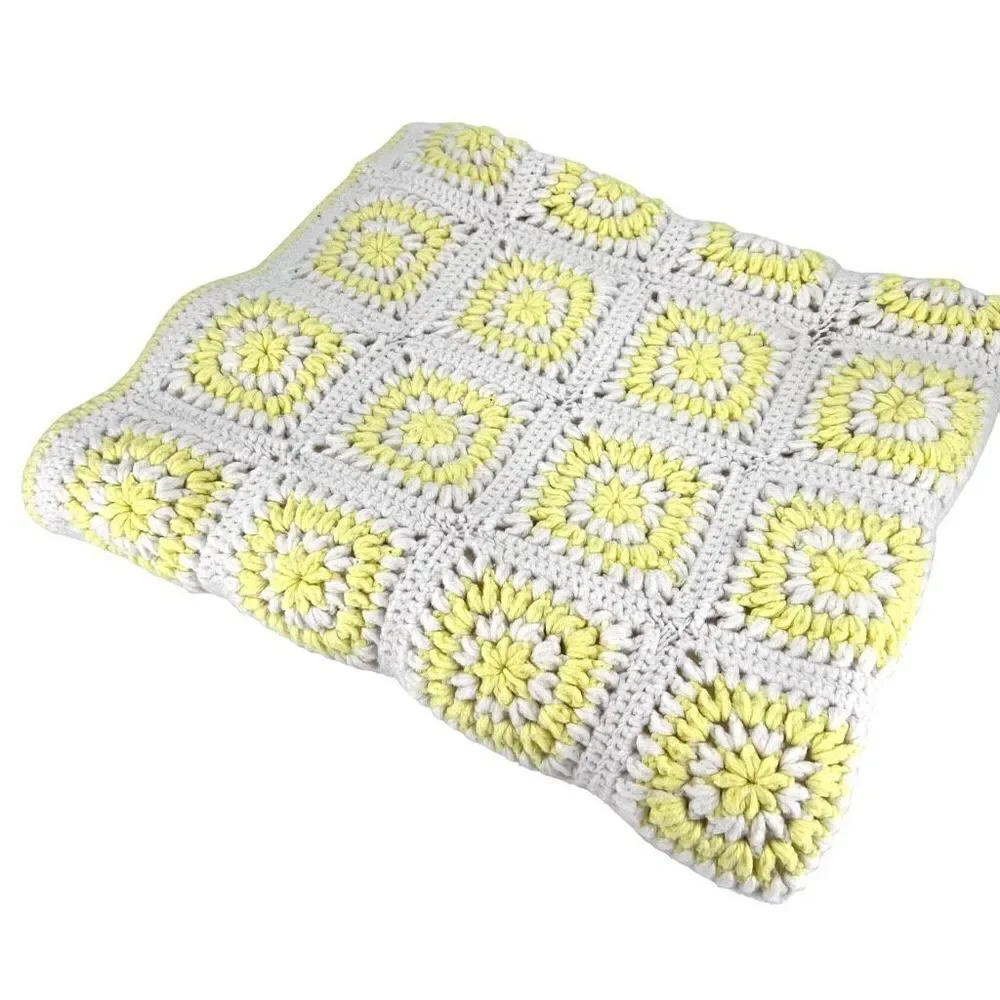 Vintage Handmade Large Afghan Blanket Yellow & White Camp Adirondack rustic 42 x